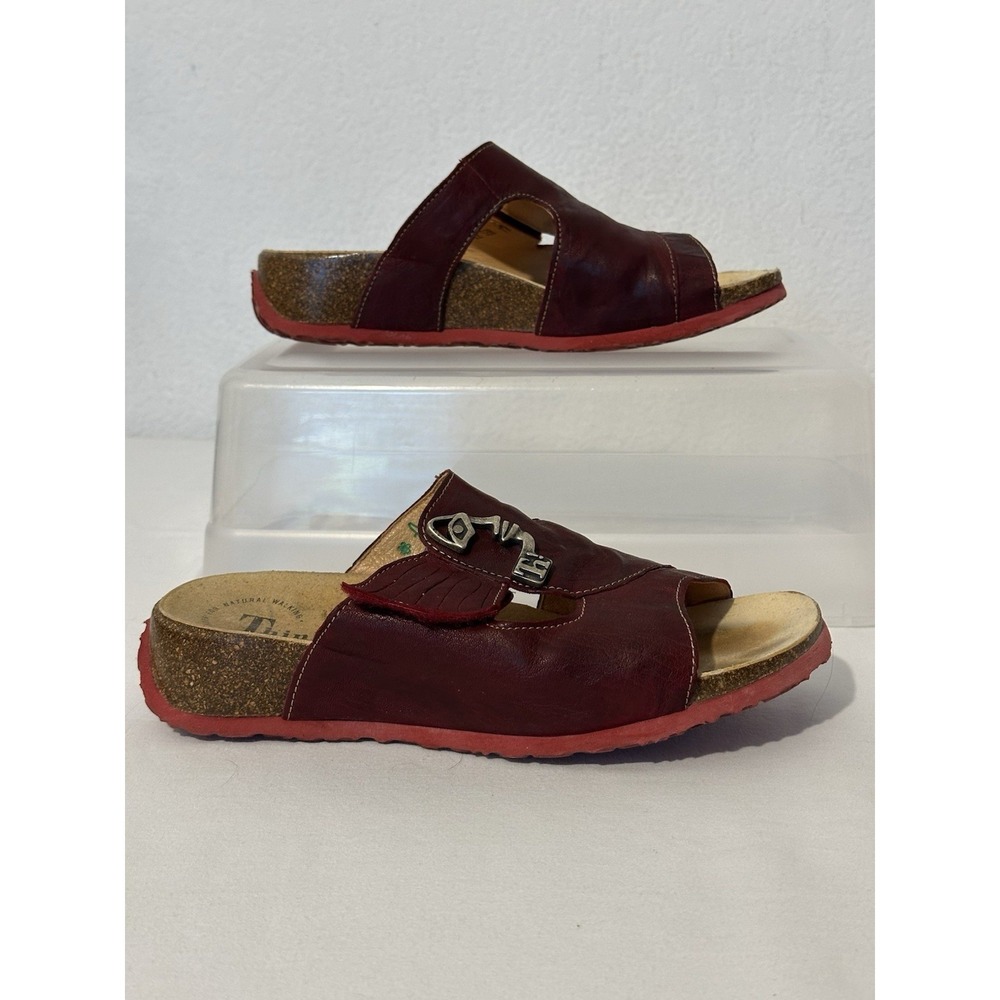 Think! Mizzi Face Women Slide Sandals Size 38 6.5/7 Casual Comfort Red Leather
